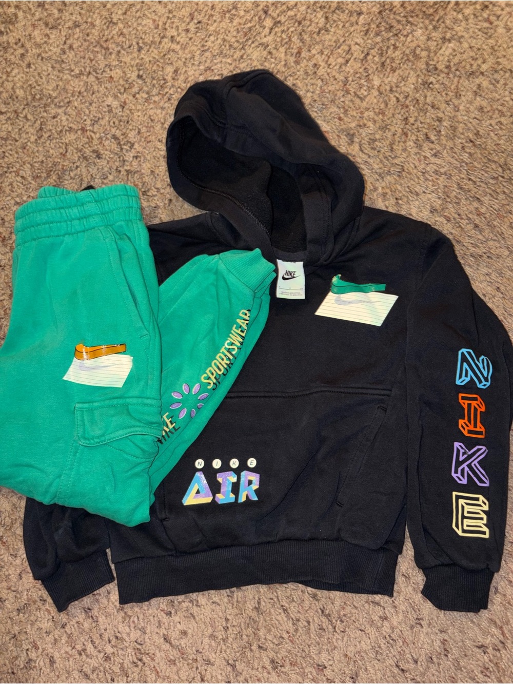 Nike Black Hoodie & Teal Green Sweatpants Set with Multicolor Graphics